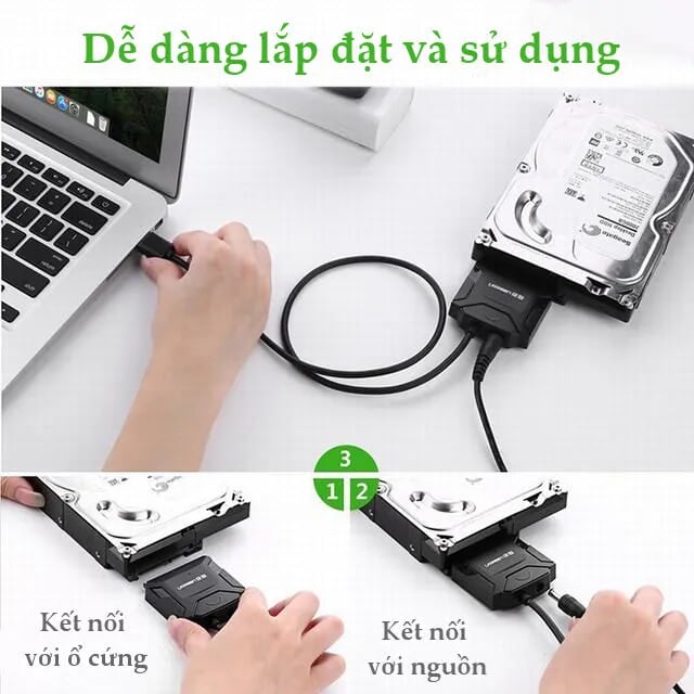 Ugreen 20231 25CM màu Đen Bộ chuyển đổi USB 3.0 sang SATA ổ cứng hỗ trợ nguồn CR108