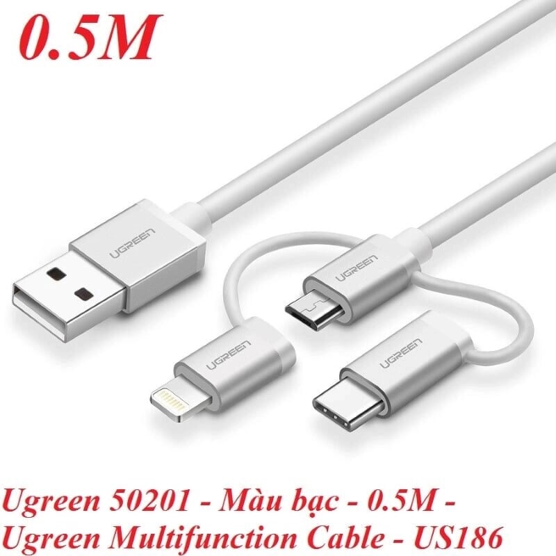 Ugreen 50201 0.5M màu Bạc Cáp sạc đa năng USB sang TypeC + Micro + Lightning US186