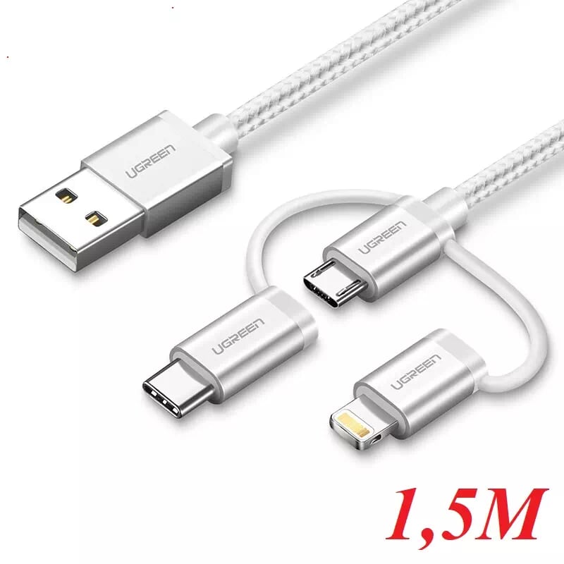 Ugreen 30462 1.5M màu Trắng Cáp sạc đa năng USB sang TypeC + Micro + Lightning US186