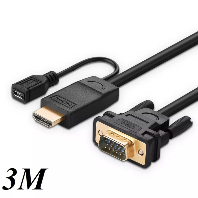 Ugreen 30451 3M màu Đen Cáp chuyển đỗi HDMI sang VGA kèm cổng trợ nguồn Micro USB MM101