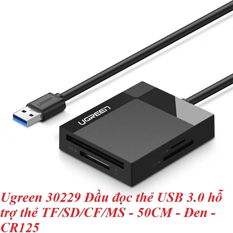 Ugreen 30229 0.5M Màu Đen Đầu đọc thẻ USB 3.0 hỗ trợ thẻ TF/SD/CF/MS CR125