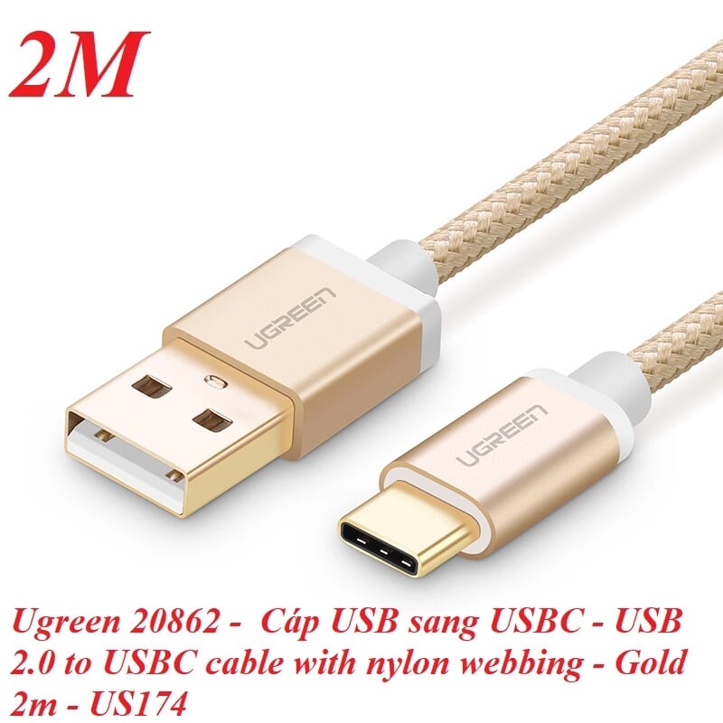 Ugreen 20862 2M màu Vàng Dây USB 2.0 sang Type-C đầu nhôm dây bọc vinyl US174