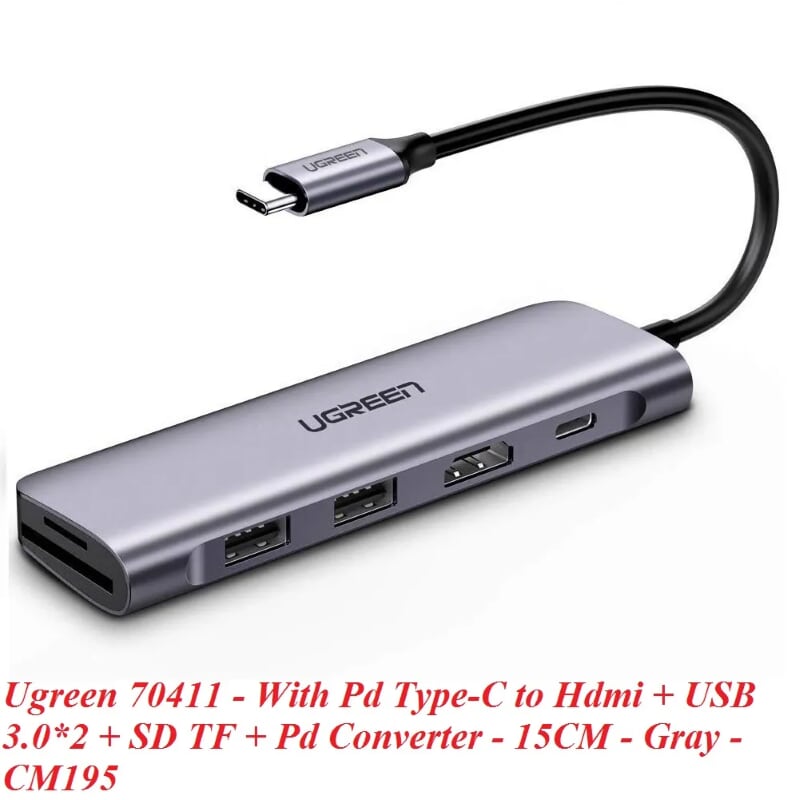 Ugreen 70411 Bộ chuyển đổi TYPE C sang 2 USB 3.0 + HDMI + SD TF + nguồn TYPE C CM195