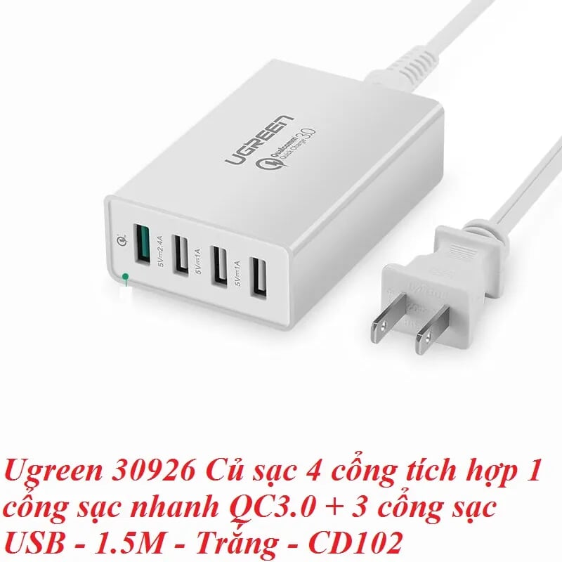 Ugreen 30926 1.5M Màu Trắng Củ sạc 4 cổng tích hợp 1 cổng sạc nhanh QC3.0 + 3 cổng sạc USB 1 cổng 2.4A+2cổng 1A CD102