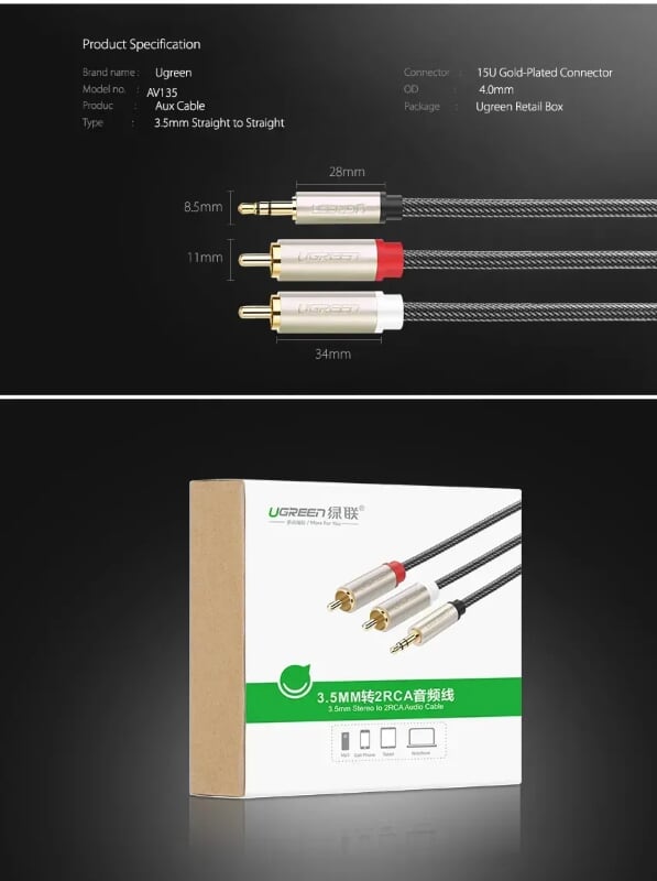 Ugreen 20822 1.5M màu Đen Cáp âm thanh 2 đầu Bông sen sang 3.5mm Dương đầu bọc nhôm mạ vàng AV135