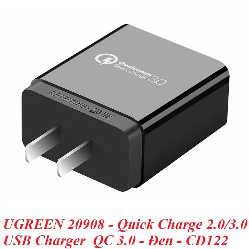 Ugreen 20908 Màu Đen Bộ sạc nhanh chuẩn Quick Charge 2.0 + 3.0 Usb CD122