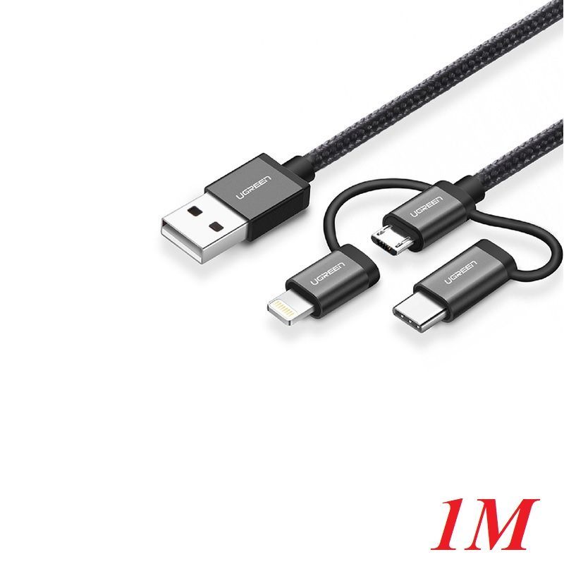 Ugreen 80326 USB 2.0 A To Micro USB + Lightning + Type C 3 in 1 Cable Black 1M US186