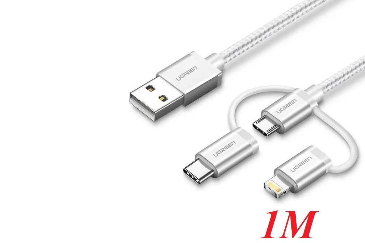 Ugreen 80825 USB 2.0 A To Micro USB + Lightning + Type C 3 in 1 Cable Sliver 1M US186