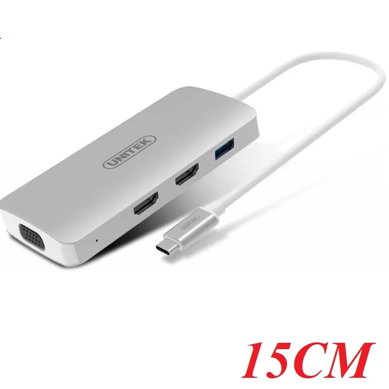 Unitek 95655 Y-9116 18CM 60W Màu Bạc Cáp chuyển Type-C sang 1*USB 3.0 + 2*HDMI + VGA + 1*USB Type-C PD Female