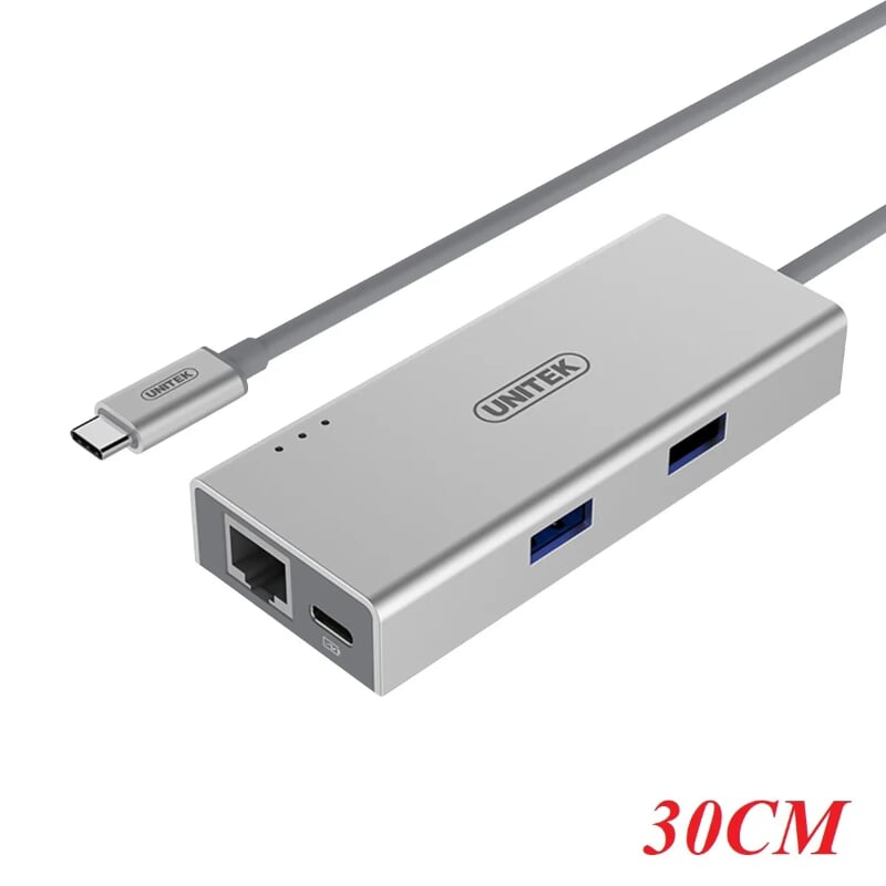 Unitek 98312 Y-9106 60W 30CM Màu Bạc Bộ chuyển đổi USB Type-C sang 2 cổng USB 3.0 + Lan Gigabit + USB Type-C PD Female