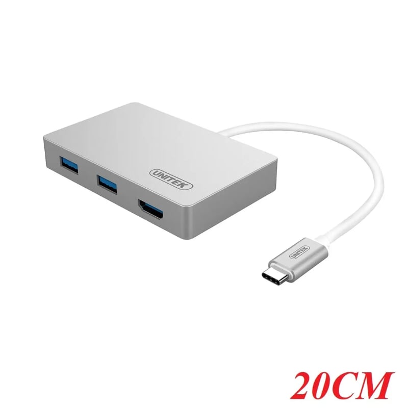 Unitek 95394 Y-3707 60W Màu Bạc Bộ chuyển USB Type-C sang 2 cổng USB 3.0 + HDMI + cổng hổ trợ nguồn USB Type-C