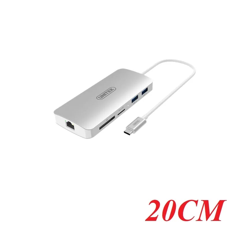 Unitek 95413 Y-9115 20CM 60W Màu Bạc Cáp chuyển Type-C sang 2* USB 3.0 + HDMI + Lan + SD/Micro SD Card Reader + USB Type-C DP Female