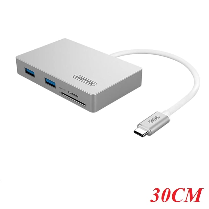 Unitek 98948 Y-9319 30CM 60W Màu Bạc Bộ chuyển đổi USB Type-C sang 2 cổng USB 3.0 đọc thẻ nhớ SD TF có cổng hổ trợ nguồn cổng USB Type-