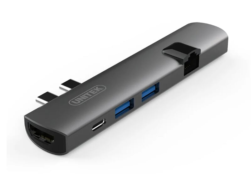 Unitek 97484 D008A 100W Màu Xám Bộ chuyển 2 USB Type-C sang 2 cổng USB 3.0 + HDMI + Lan Gigabit + có cổng hổ trợ nguồn USB Type-C