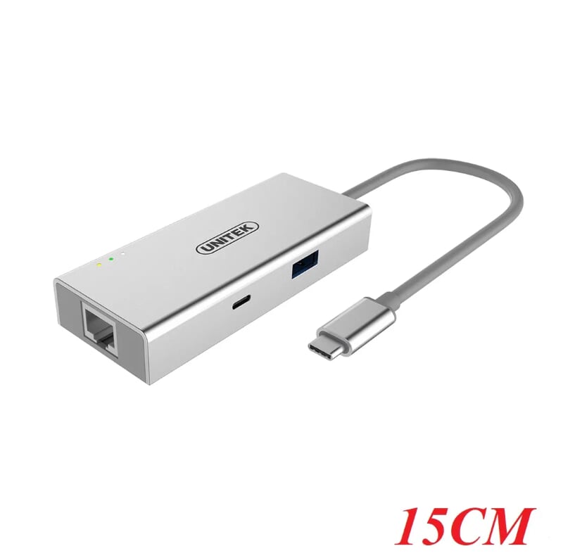 Unitek 97365 Y-9117 15CM Màu Bạc Cáp chuyển Type-C sang 1*USB 3.0 + 1*HDMI + 1*Lan Gigabit + 1*USB Type-C Female + Có nguồn kèm theo