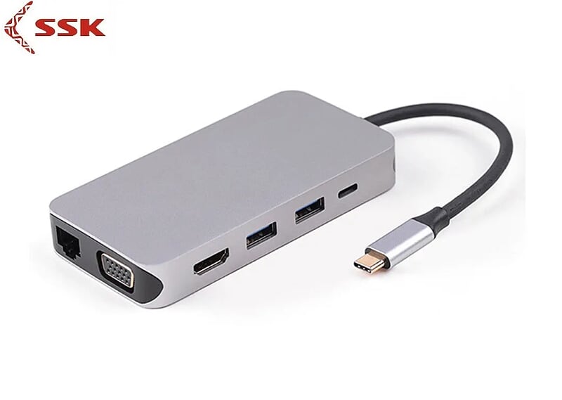 SSK SHU-C-520 15cm Màu Xám Bộ chuyển đổi Usb Type-C ra 3 cổng USB 3.0+HDMI+VGA+LAN+TF+SD SSK 96131