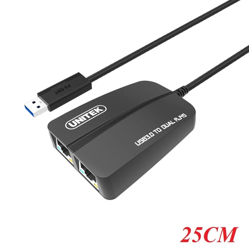 Unitek 95292 Y-3463 25CM 1000Mpbs Màu Đen Cáp Chuyển Usb 3.0 sang 2 Cổng Lan Gigabit