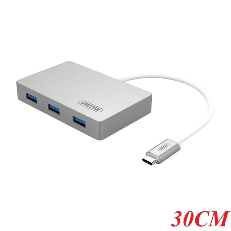 Unitek 96359 Y-3190 30CM 60W Màu Bạc Bộ chuyển đổi USB Type-C sang 3 cổng USB 3.0 có cổng hổ trợ nguồn cổng USB Type-