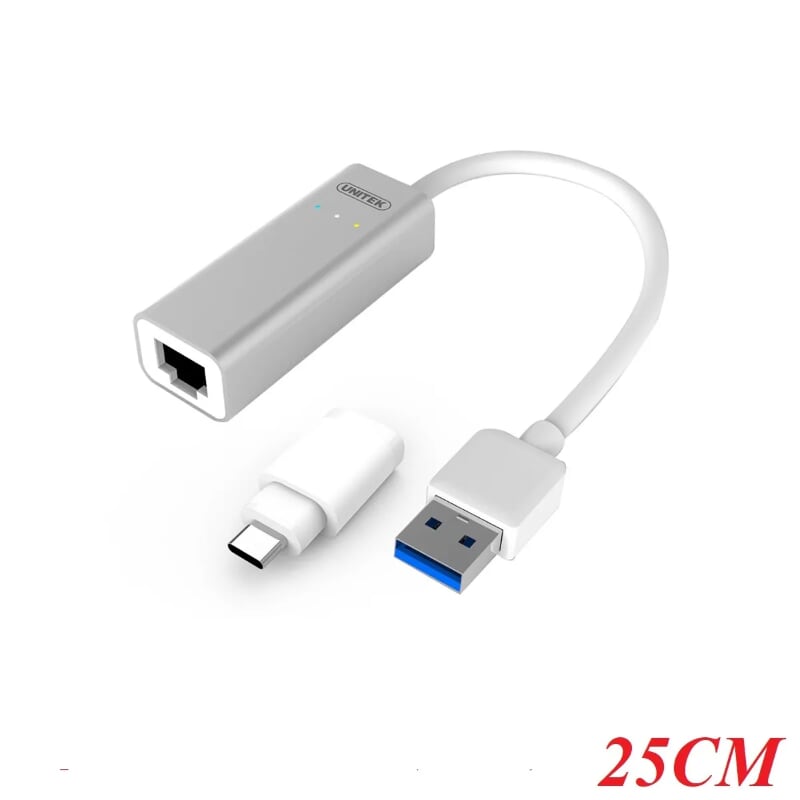 Unitek 98966 Y-3464 25CM Màu Bạc Cáp chuyển Usb 3.0 sang Lan + kèm Đầu Đổi Type-C