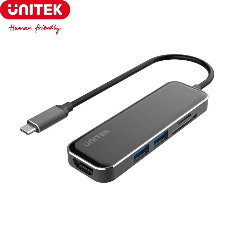 Unitek 27604 D1036A 15cm USB Type-C ra 2 USB 3.1 + HDMI + TF - SD Bộ chia Hub Màu Đen
