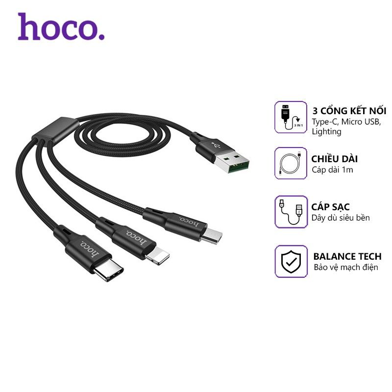 Hoco 15357 DU10 Plus 3in1 3A 1m Cáp sạc nhanh dây dù