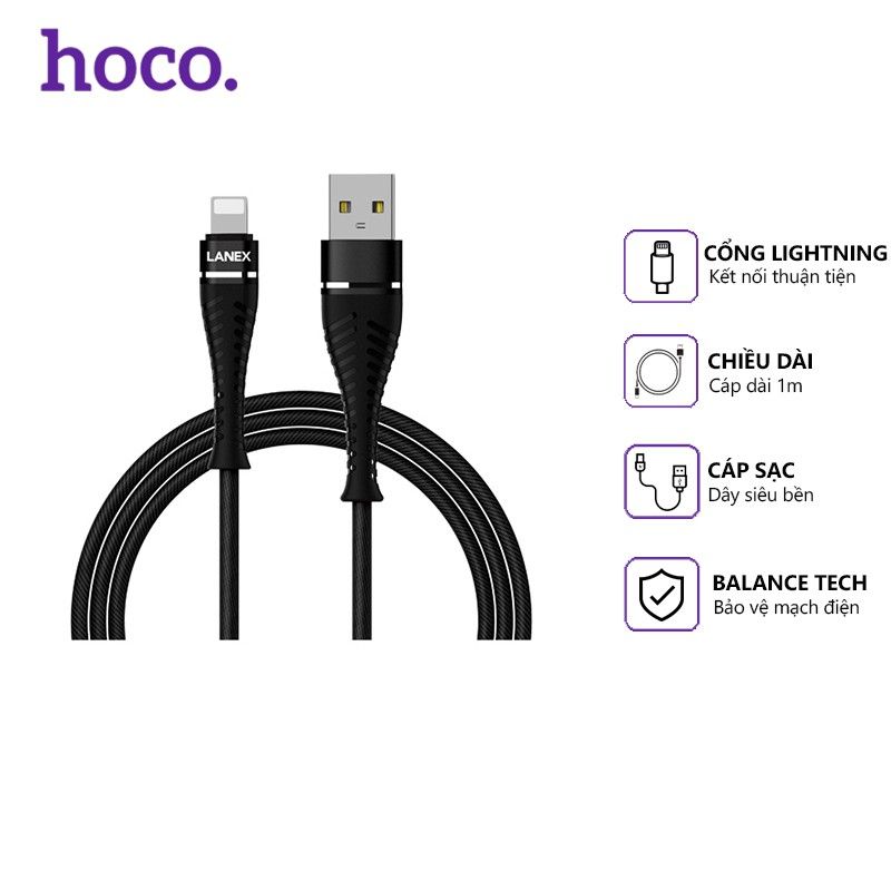 Lanex 29496 N16L màu đen 1.2m Cáp sạc nhanh dây dù lightning