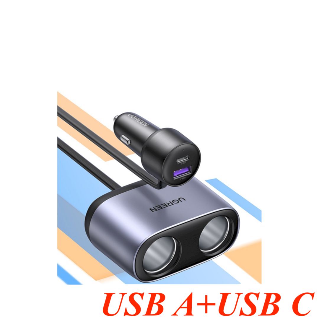 Ugreen 30886 With 2 Extended Sockets USB A + USB TYPE C Car Charger CD252
