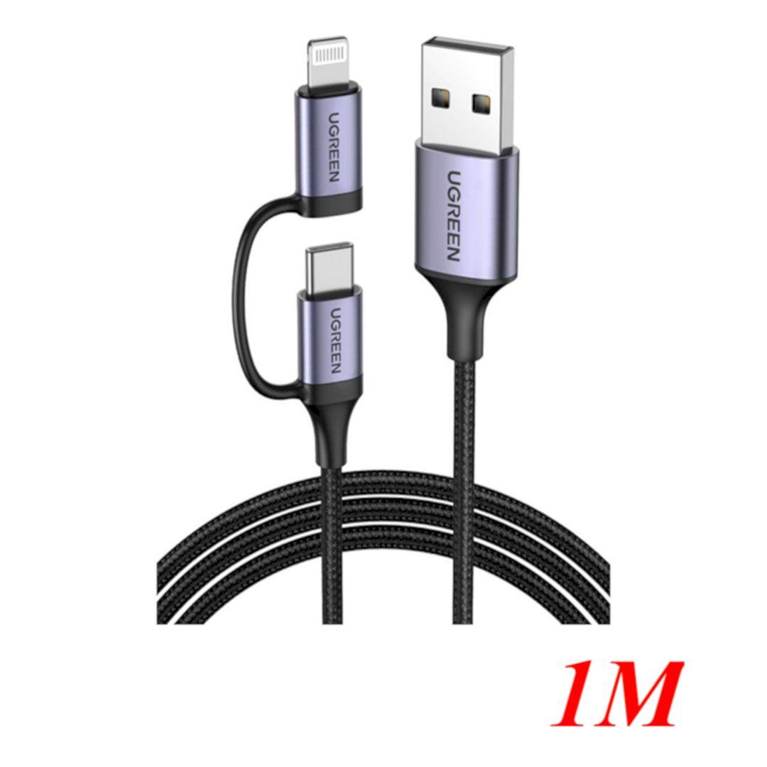 Ugreen 50792 1m 3a Black USB A Male to type C Male + Lightning Data Cable Alu Case Braided US513
