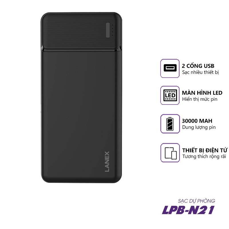 LANEX 17503 LPB - N21 30.000mah  Pin dự phòng 2 cổng sạc, có đèn LEB báo dung lượng pin
