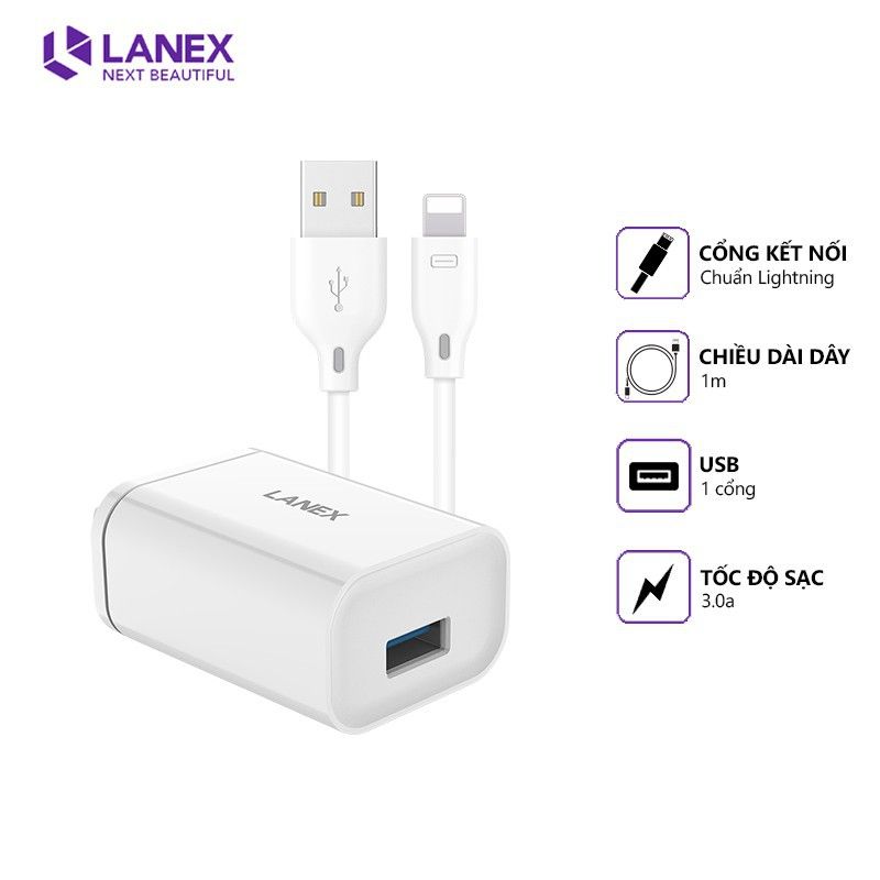 Lanex 41220 LCK-03CL Bộ sạc nhanh 1 cổng USB QC3.0 18W, dài 1m, cáp Lightning, tương thích thiết bị Apple