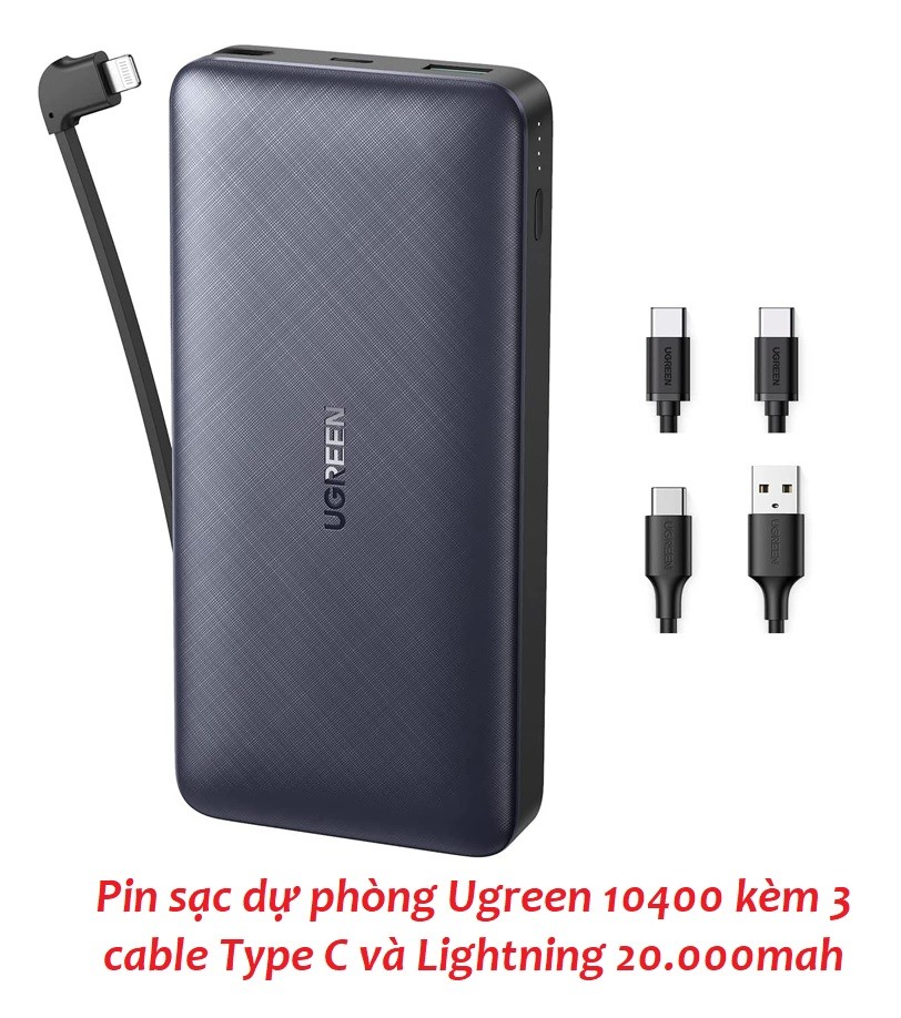 Ugreen 10400 20000mah tích hợp cáp Lightning kèm 2 cáp Type C-C + A-C Sạc nhanh 20W Pd Pin dự phòng