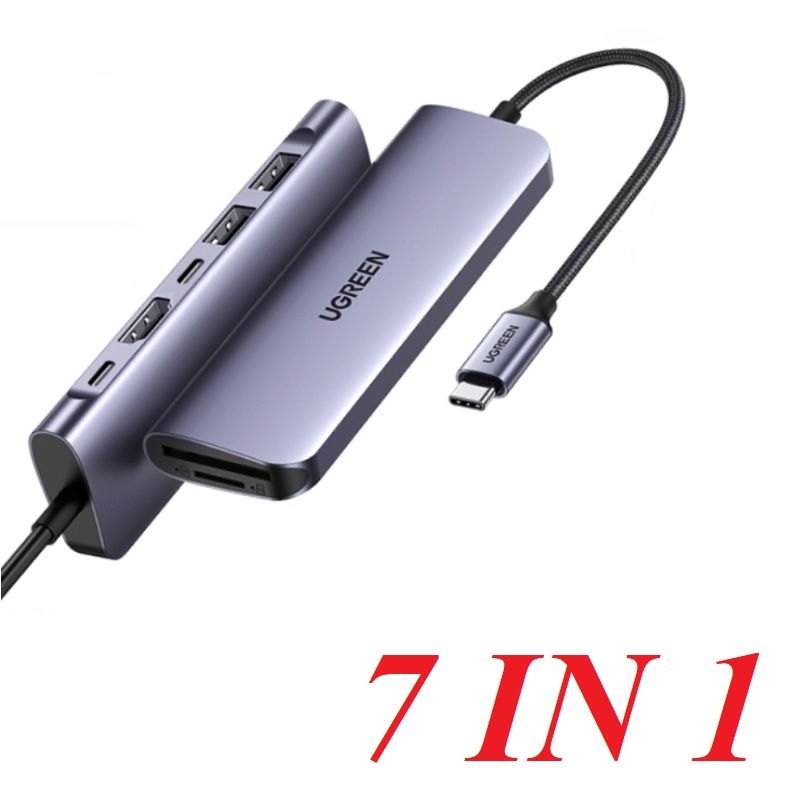 Ugreen 15214 usb type c to 2 * usb3.0 + usb-c + hdmi + sd + pd màu xám bộ chuyển đổi CM195