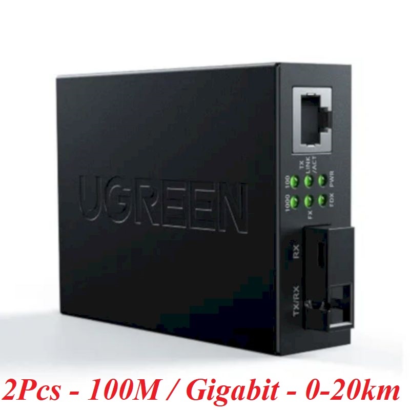 Ugreen 80168 2pcs 100 Megabit Single Mode Sc Fiber Transceiver Photoelectric Converter 0-20Km Long Range Network TransmitterCm330