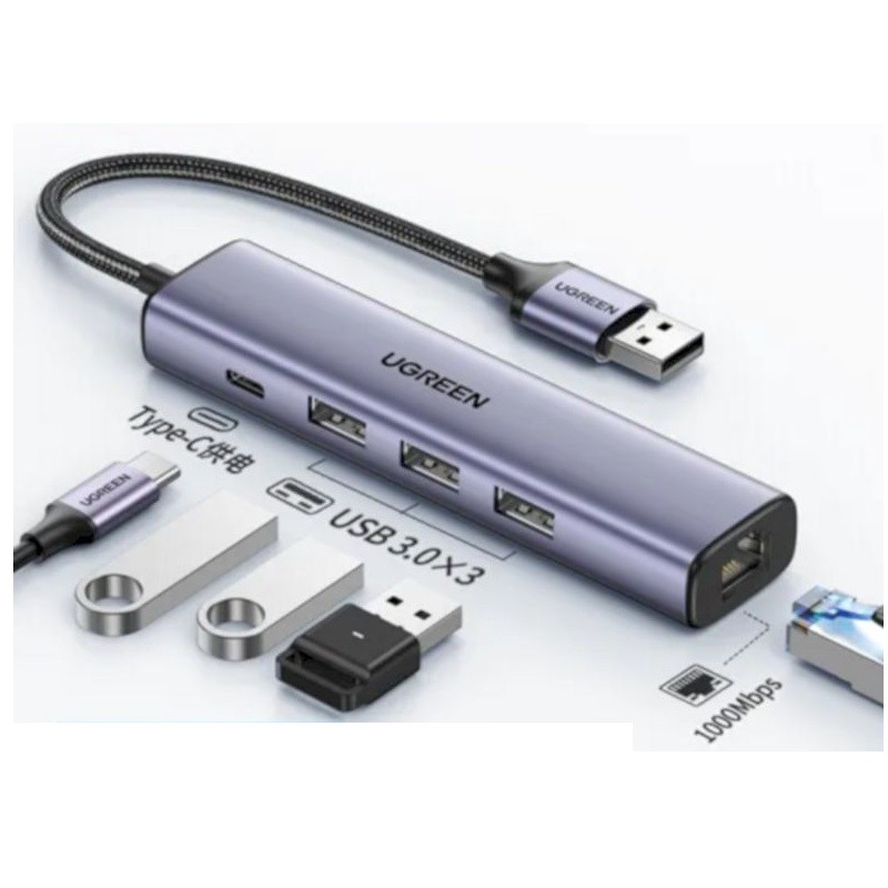 Ugreen 20915 Usb 3.0 To 3×Usb 3.0 + Rj45 1000Mbps Ethernet Adapter CM475