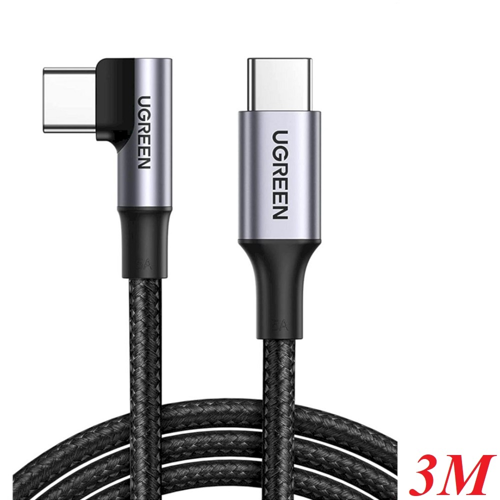 Ugreen 20583 3M Alu Case Black Usb Type C Male To Usb Type C Male 2.0 5V - 5A Angled Round Cable Nickel Plating US334