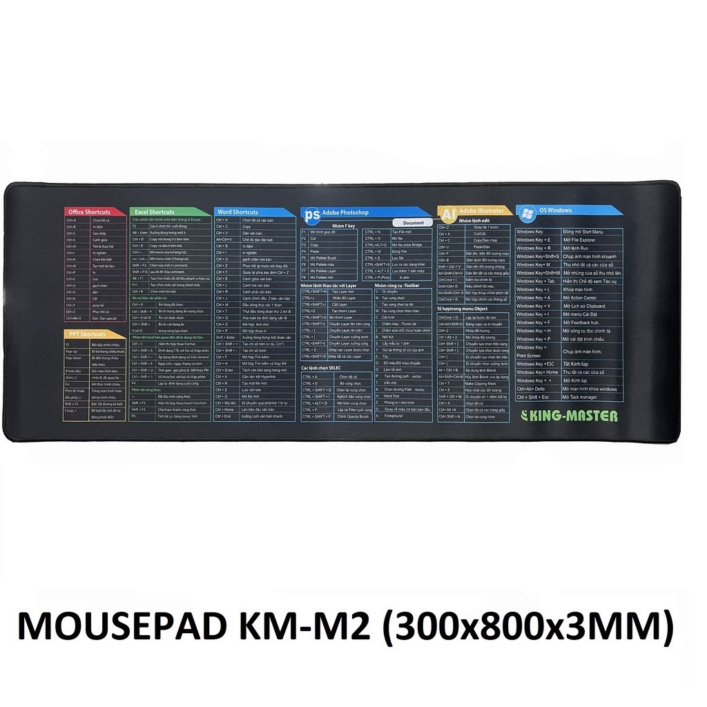 oem-dh 16138 KM-M2 300 X 800 X 3MM  Lót chuột phím tắt văn phòng Cao Cấp office, excel , word, photoshop thiết kế bảng tiếng việt ,Bàn Di Chuột,  Tấm Lót Chuột và bàn phím