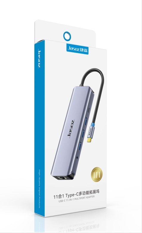 Jasoz T-H115 17cm Type-C HUB 11 in 1 USB 3.0 * 3 + 3.5AV + PD + HDMI * 2 + VGA + SD + TF + Gigabit RJ45 0.17m TH115 H114 27972