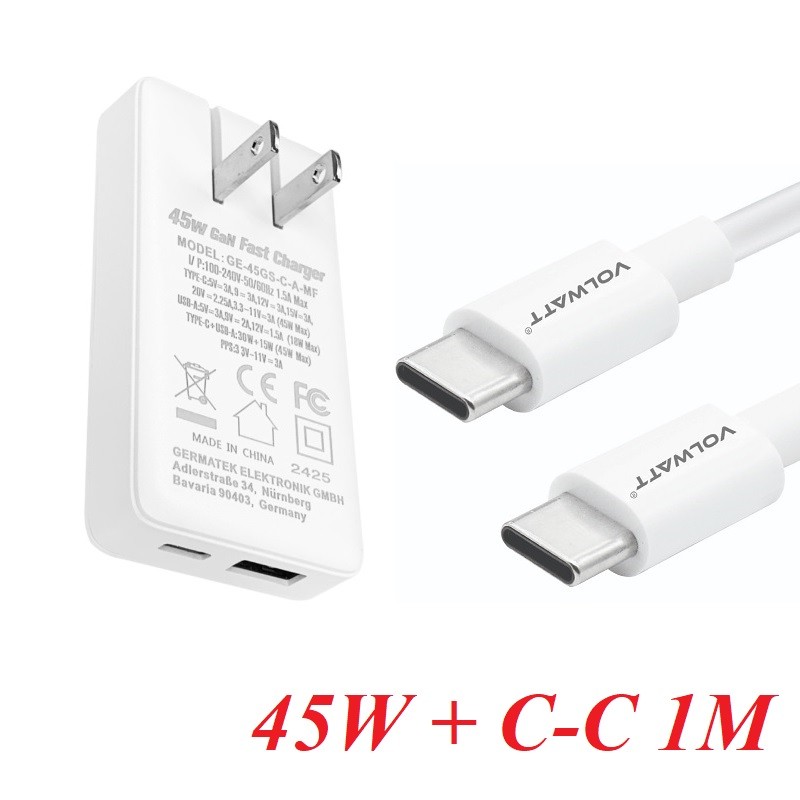 Volwatt 17304 Bộ sạc siêu mỏng 45W GE-45GS-C-A-MF Plus (gồm 1 củ sạc không dây dùng cho điện thoại di động GE-45GS-C-A-MF, 1 dây cáp sạc và truyền dữ liệu cho điện thoại GE-033-CC)