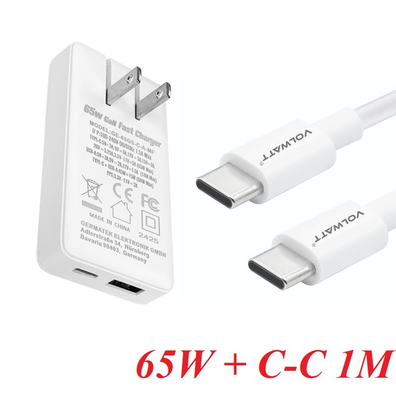 Volwatt 17311 Bộ sạc siêu mỏng 65W GE-65GS-C-A-MF Plus (gồm 1 củ sạc không dây dùng cho điện thoại di động GE-65GS-C-A-MF, 1 dây cáp sạc và truyền dữ liệu cho điện thoại GE-033-CC-2)