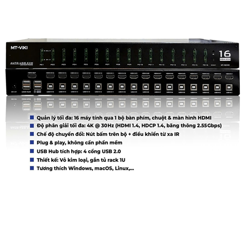 MT-VIKI 35253 HDMI + USB KVM Switch 16 in 1 Bộ gộp 16 cổng HDMI + USB vào 1 màn hình, hỗ trợ 4K30Hz MT-1601HK