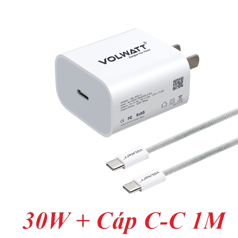 Volwatt 27815 GE-30G-CC 30W 1C Bộ Củ Sạc Siêu Nhanh Type C + Cáp 1M 60W Usb Type C-C GE-30G-CC