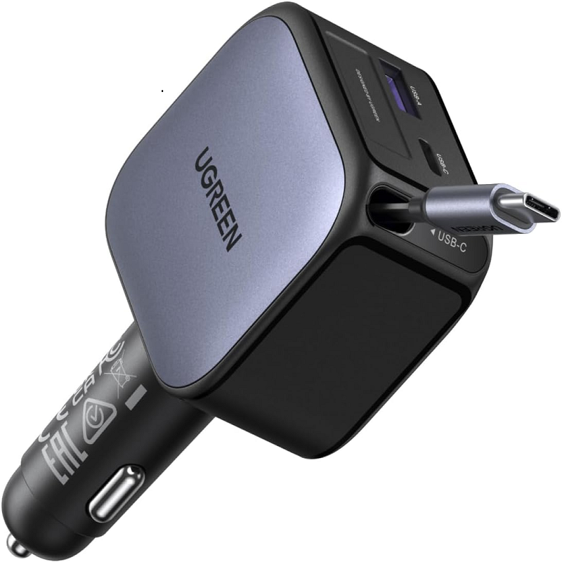 Ugreen 55212B 60W 2C1A Màu xám Sạc USB 2 cổng cho ô tô QC 3.0 và Type-C kèm dây USB-C 70cm 55212 EC602