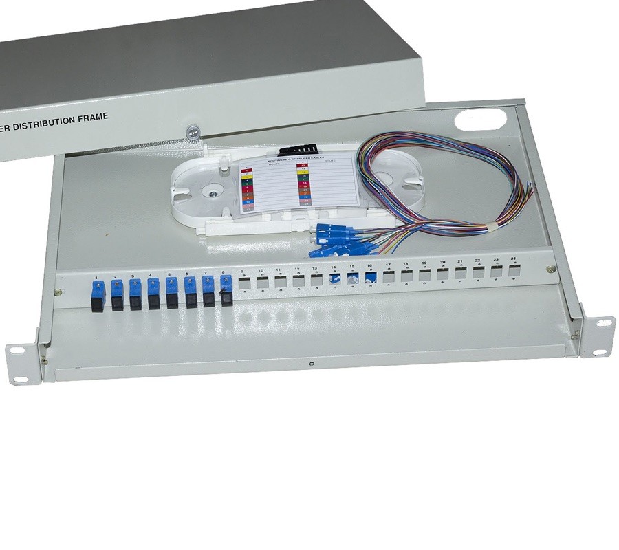 OEM 12630 Hộp ODF 08FO KHAY CỐ ĐỊNH GẮN RACK 19” đầy đủ phụ kiện bao gồm dây nối quang SC/UPC