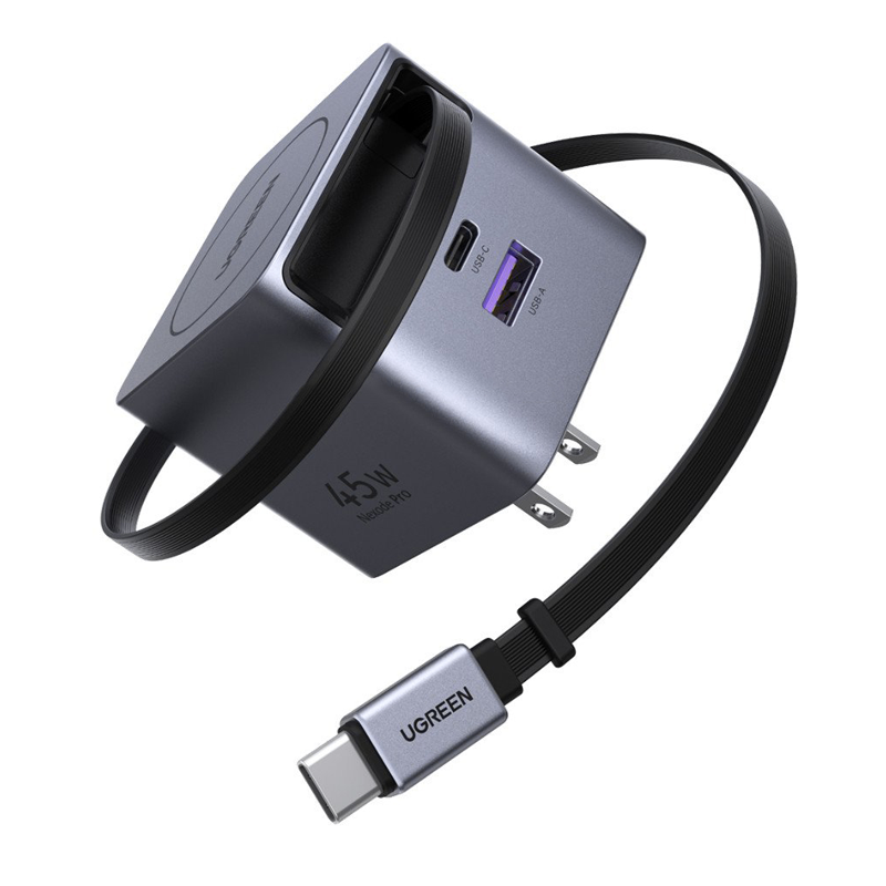 Ugreen 65821 màu đen 45w GaN 2C 1A Sạc điện thoại 2 cổng USB-C và USB-A 45W kèm dây gắn sẵn USB-C dài 65cm Chân cấm chuẩn US X614