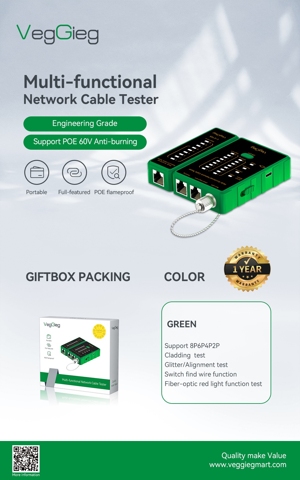 VegGieg 27496 Bộ Kiểm Tra Cáp Mạng Cổng Kết Nối RJ45/RJ11 VegGieg V-E105
