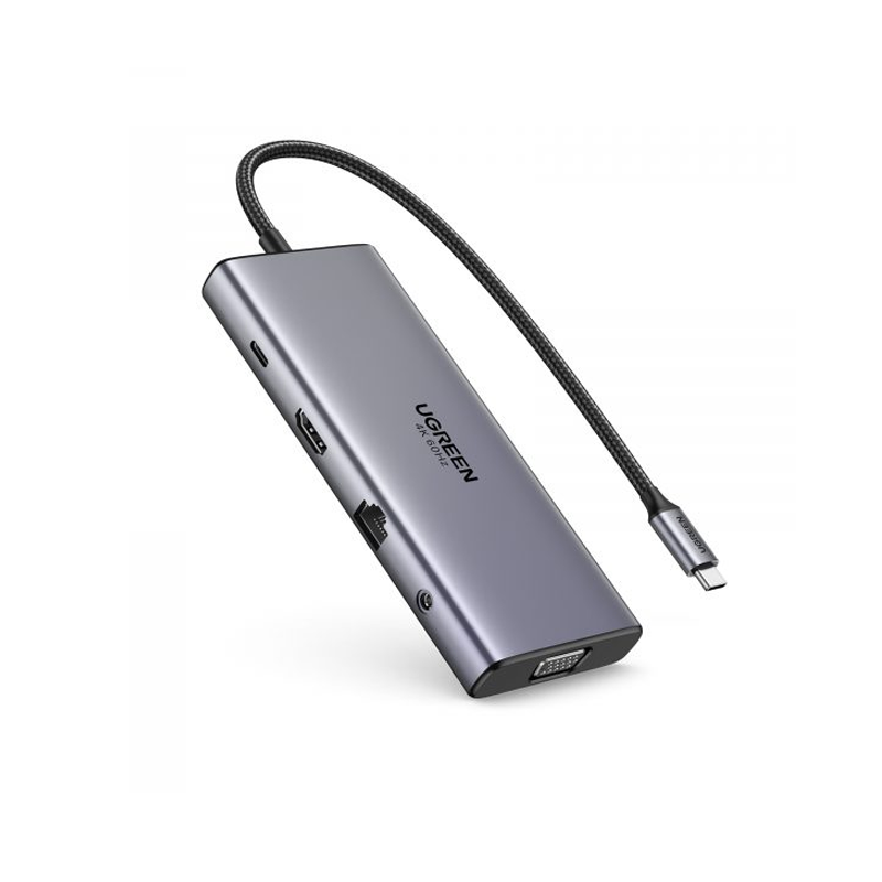 Ugreen 45520 4K60hz PD 100w Màu Xám 11 in1 Bộ chuyển đổi USB-C sang 2*USB C+2*USB +HDMI+VGA, SD TF, LAN+3.5mm hỗ trợ 4K CM639
