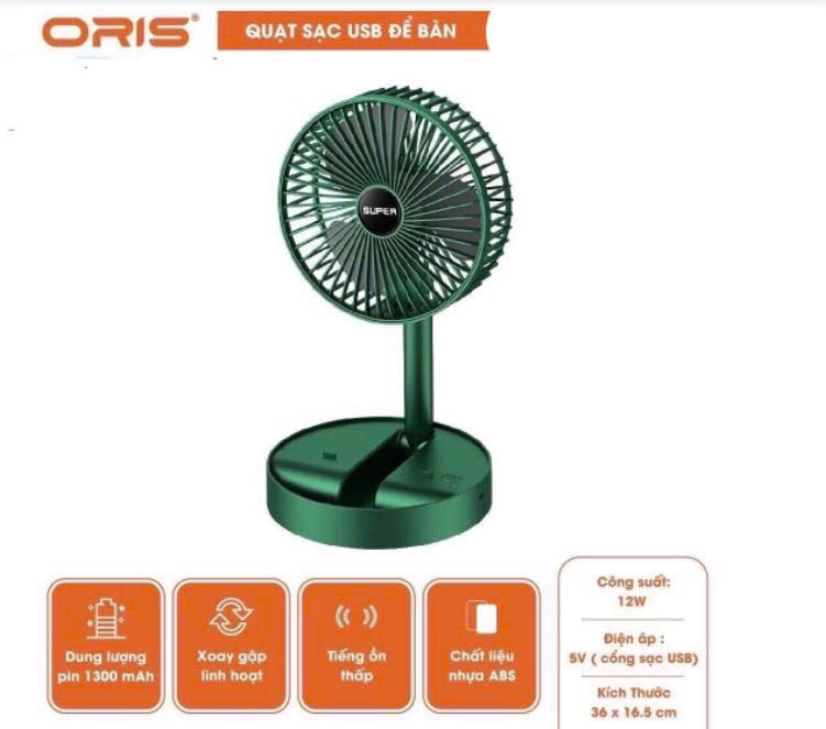 Oris 28622 Oris quạt sạc usb 2301 pin 1300mAh 12W 5v, xoay gập linh hoạt, tiếng ồn thấp, nhựa ABS khích thước 36 x 16.5cm
