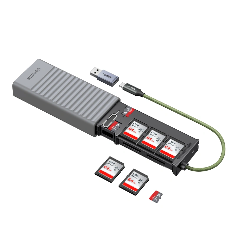 Ugreen 55899 USB-A and USB-C Type C 5Gbps Card Reader High-Speed ​​SD x 2 / TF đọc đồng thời 2 thẻ tốc độ cao 170MB Multifunctional Storage kèm hộp đựng thẻ lưu trữ CM856