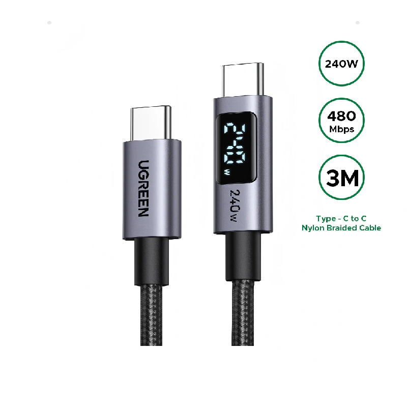 Ugreen 65868 3m 240W With Smart LCD Digital Display Type C to usb-C 3 Meter PD Fast Charging Cable L530