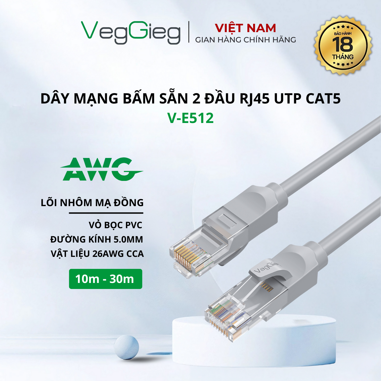VegGieg 27702 Dây cáp dữ liệu mạng bấm sẵn 2 đầu 30m VegGieg V-E521